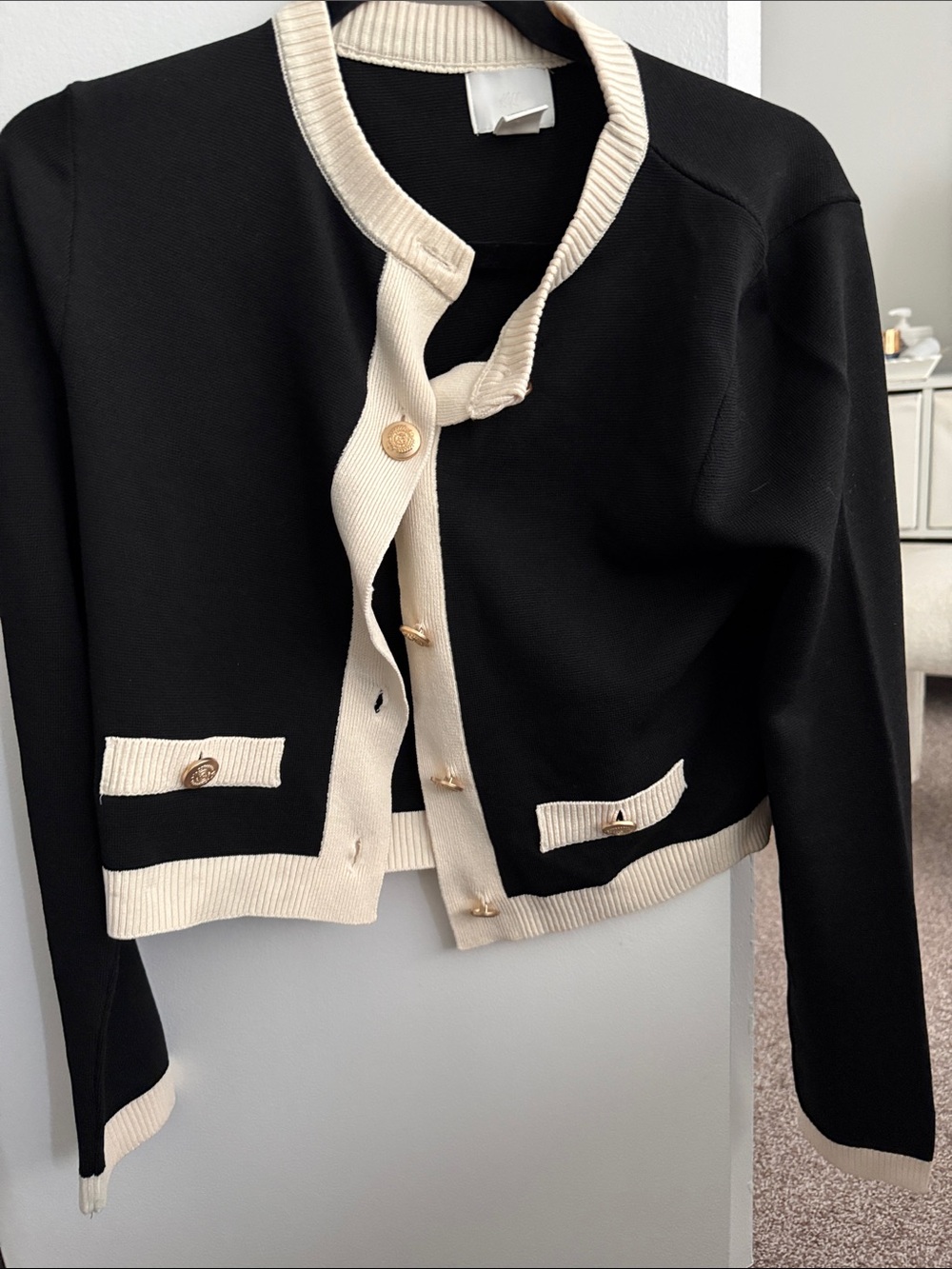 H&M Black Cropped Cardigan with Cream Trim